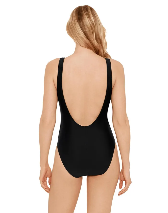 OnePiece Bathing Suit LowBack Script Logo Black Women Champion Swimwear