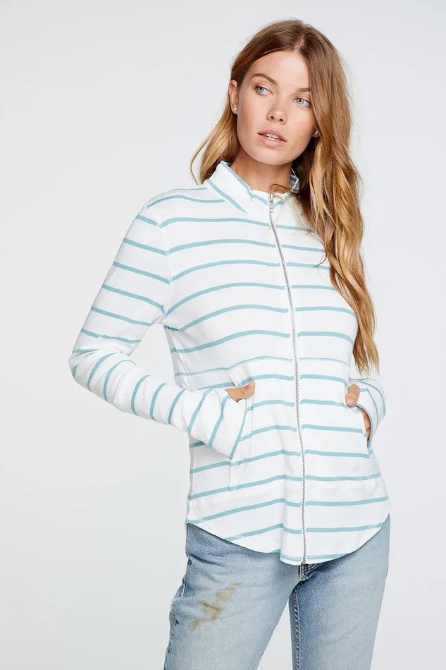 Outerwear Womens Chaser Brand Baby Rib Mock Neck Long Sleeve Thumbhole Jacket in Stripe