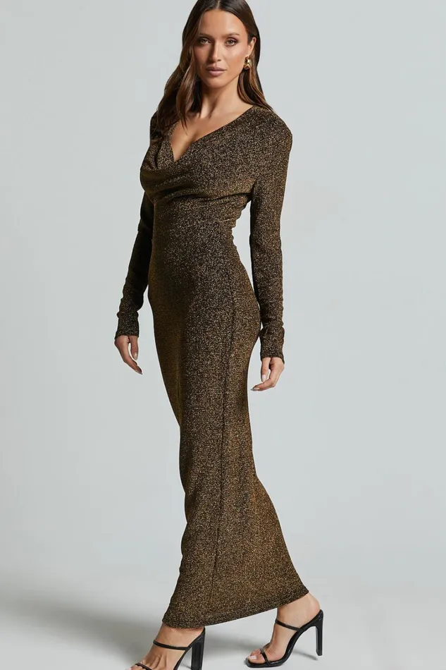 Paisley Midi Dress 8211 Plunge Cowl Neck Long Sleeve Glitter Jersey Dress In Gold Women Showpo Curve Clothes