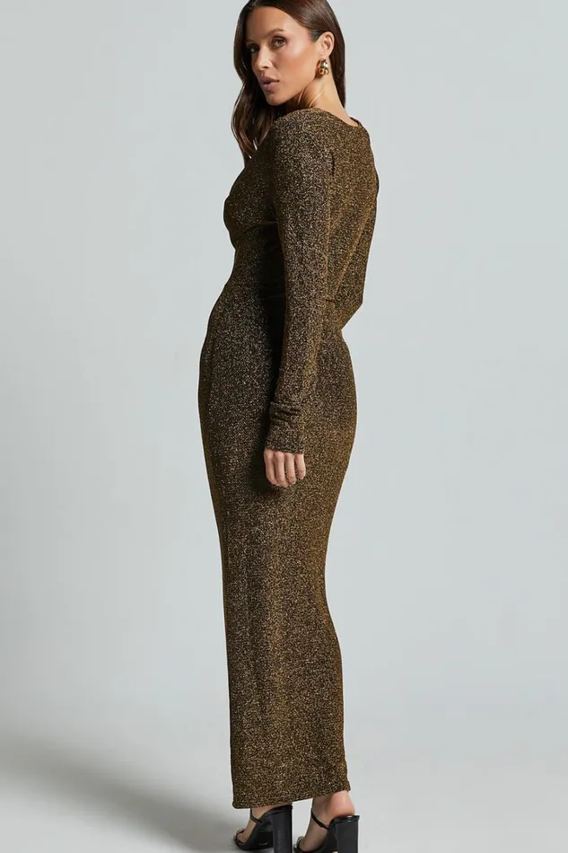 Paisley Midi Dress 8211 Plunge Cowl Neck Long Sleeve Glitter Jersey Dress In Gold Women Showpo Curve Clothes