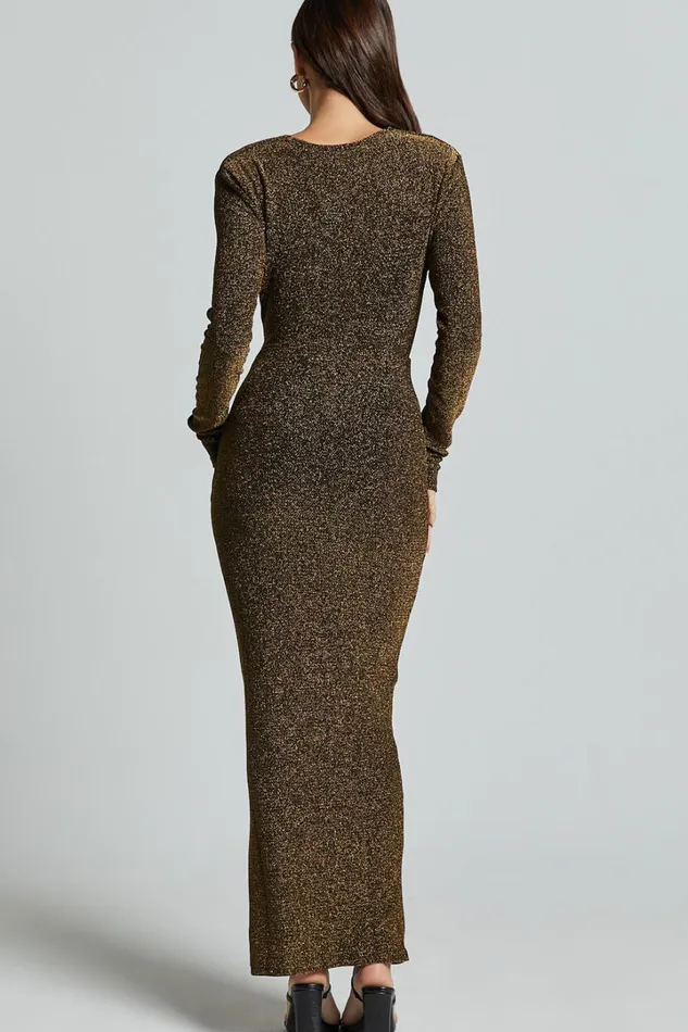 Paisley Midi Dress 8211 Plunge Cowl Neck Long Sleeve Glitter Jersey Dress In Gold Women Showpo Curve Clothes