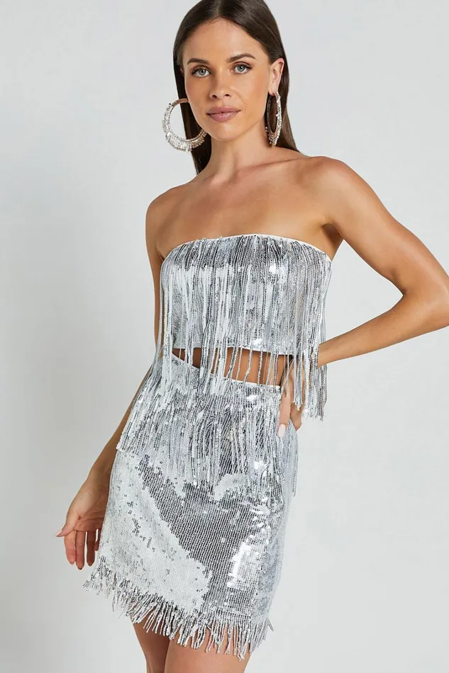 Paris Top 8211 Sequin Fringe Bandeau Top In Silver Women Showpo Tops