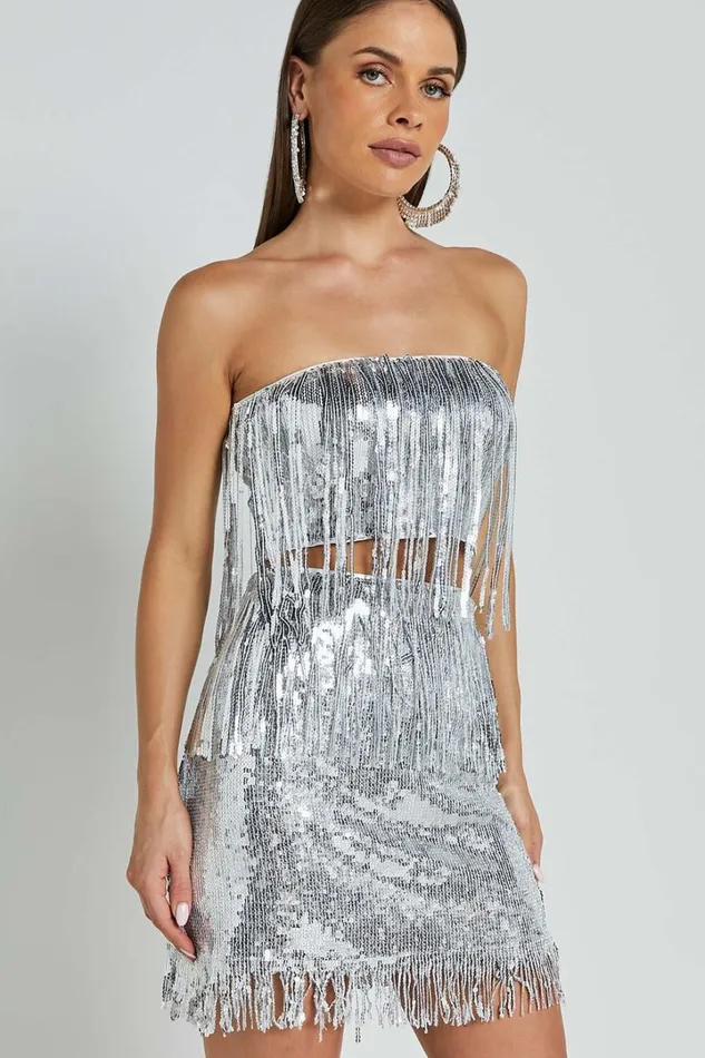 Paris Top 8211 Sequin Fringe Bandeau Top In Silver Women Showpo Tops