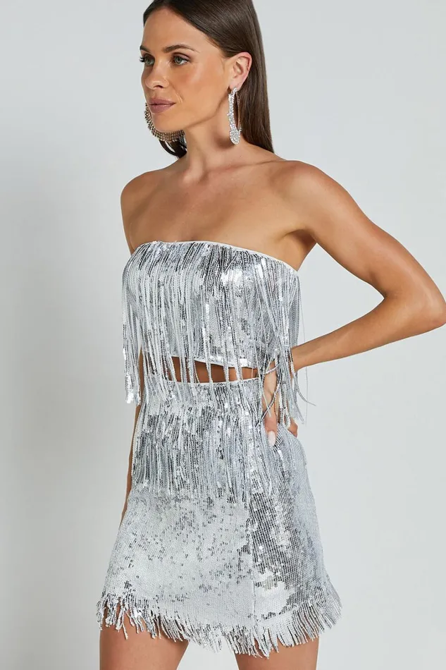 Paris Top 8211 Sequin Fringe Bandeau Top In Silver Women Showpo Tops