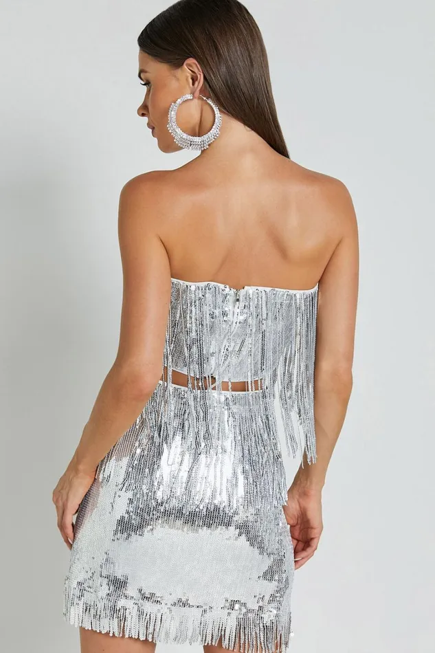 Paris Top 8211 Sequin Fringe Bandeau Top In Silver Women Showpo Tops