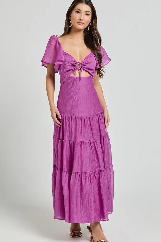Patricia Midi Dress 8211 Flutter Sleeve Tie Front Tiered Dress In Orchid Women Showpo Dresses