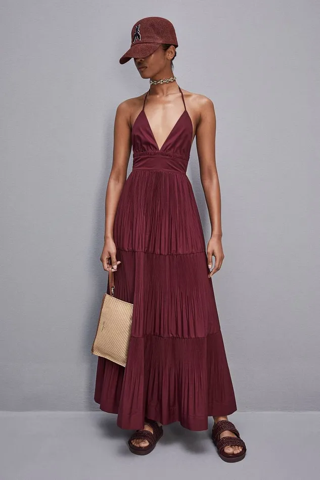 Patrizia Pepe Anklelength Bareback Pleated Dress Purple Dark Plum Apparel Long