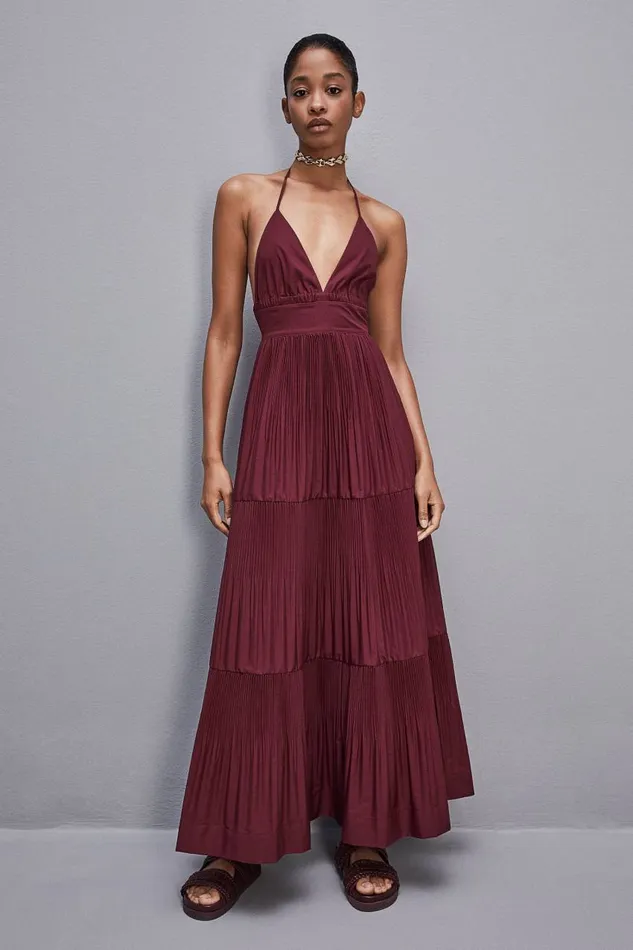 Patrizia Pepe Anklelength Bareback Pleated Dress Purple Dark Plum Apparel Long