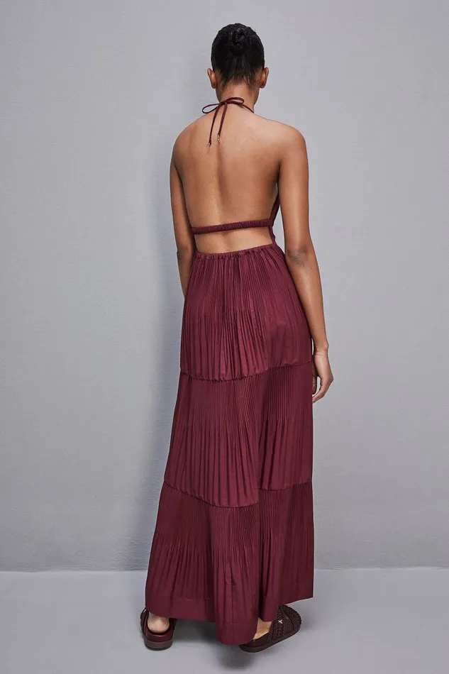 Patrizia Pepe Anklelength Bareback Pleated Dress Purple Dark Plum Apparel Long