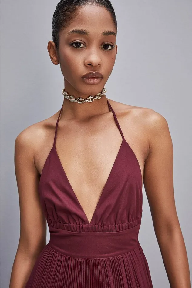 Patrizia Pepe Anklelength Bareback Pleated Dress Purple Dark Plum Apparel Long