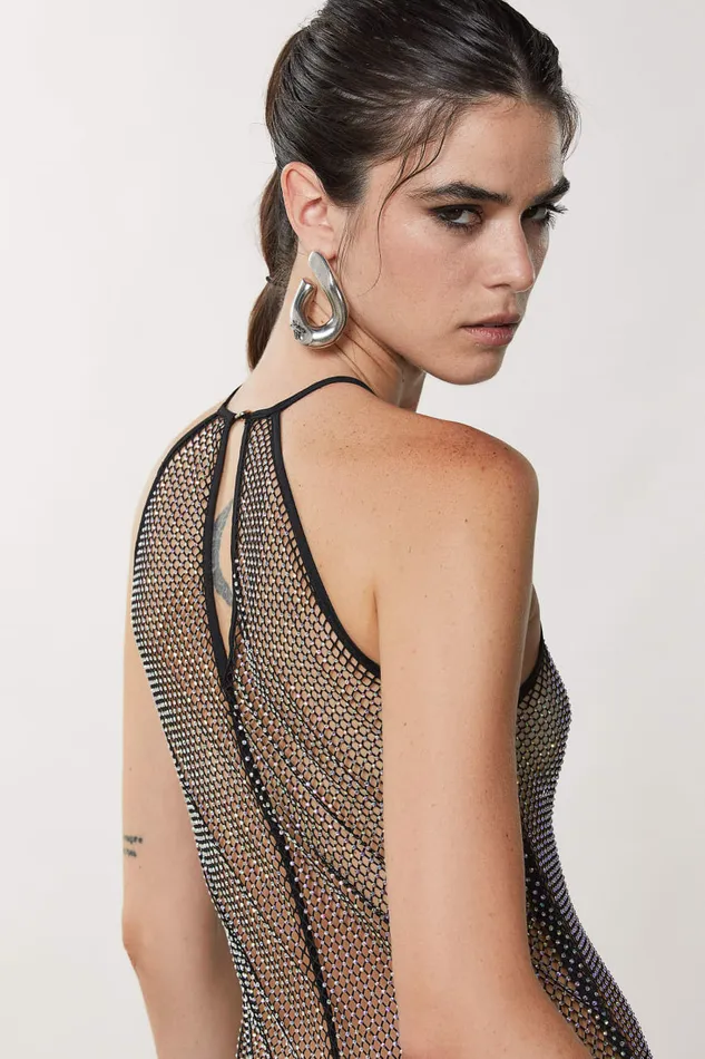 Patrizia Pepe Black Sleeveless Rhinestone Embellished Mesh Dress Nero Apparel Midi