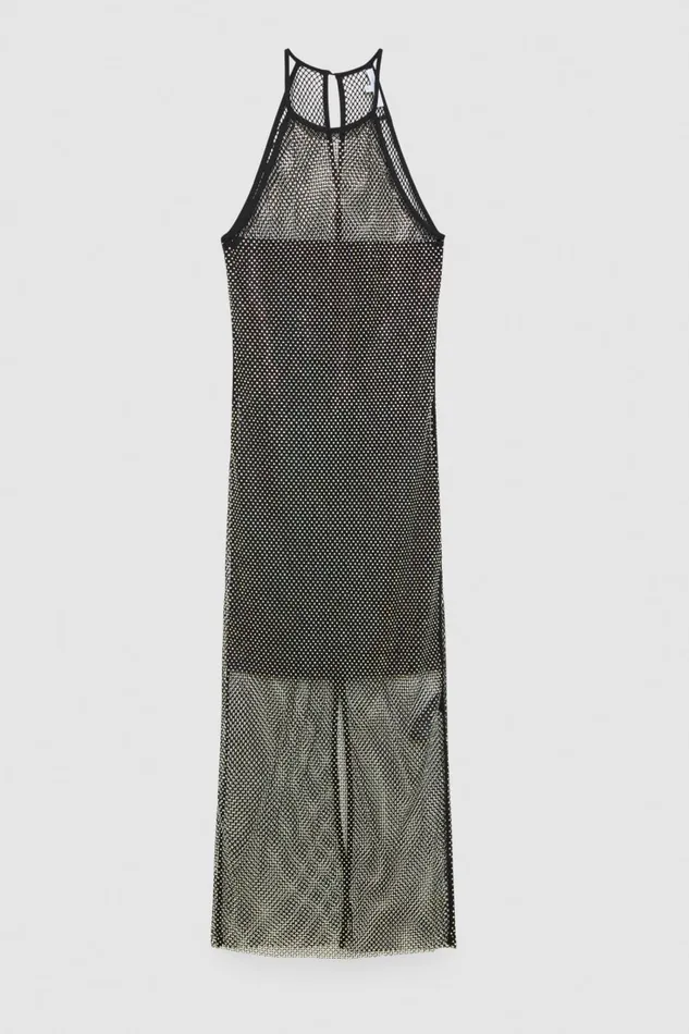 Patrizia Pepe Black Sleeveless Rhinestone Embellished Mesh Dress Nero Apparel Midi