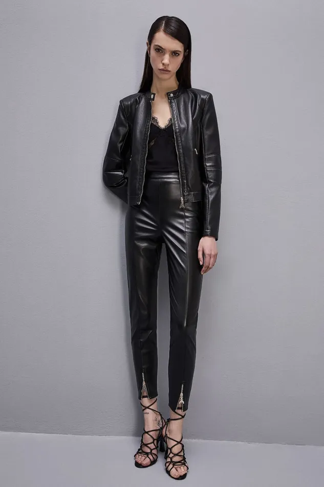 Patrizia Pepe Coated Fabric Biker Jacket Black Nero Apparel Jackets