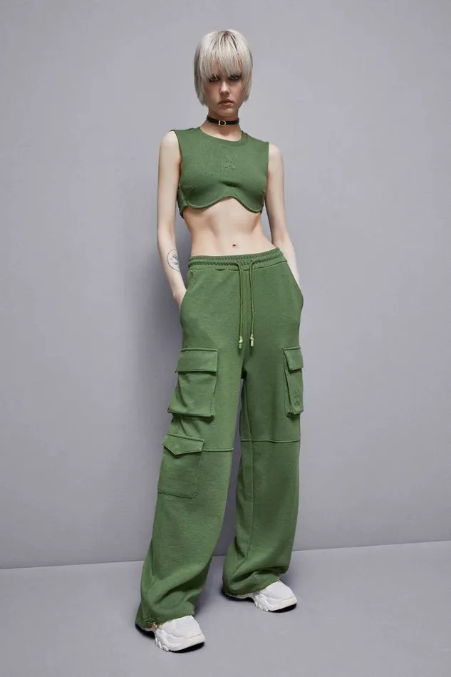 Patrizia Pepe Cotton Blend Fleece Cargo Pants Green Green Garden Apparel Joggers