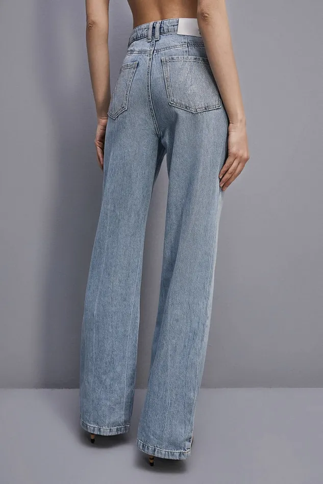 Patrizia Pepe Denim Pants With Rhinestones Light Blue Light Bleached Wash Apparel Jeans