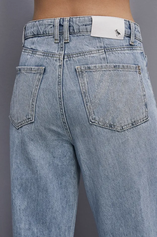 Patrizia Pepe Denim Pants With Rhinestones Light Blue Light Bleached Wash Apparel Jeans