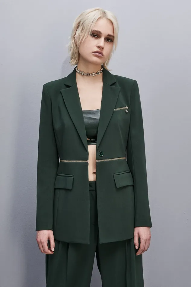 Patrizia Pepe Essential Crepe Jacket With Zipper Green Tuscany Green Apparel Blazers