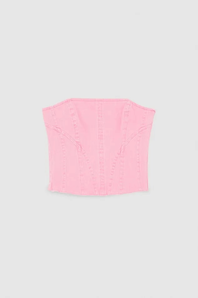 Patrizia Pepe Essential Denim Bustier Pink Pink Stone Wash Apparel Tops