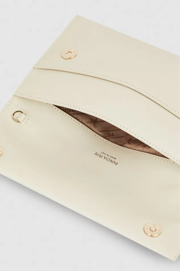 Patrizia Pepe Fly Leather Clutch Bag With Chain Beige Off White Bags Clutches