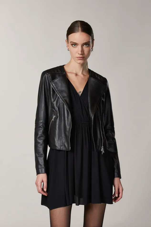 Patrizia Pepe Leather Biker Jacket With Topstitching Black Nero Apparel Leather Jackets Patrizia Pepe Leather Biker Jacket With Topstitching Black Nero Apparel Leather Jackets