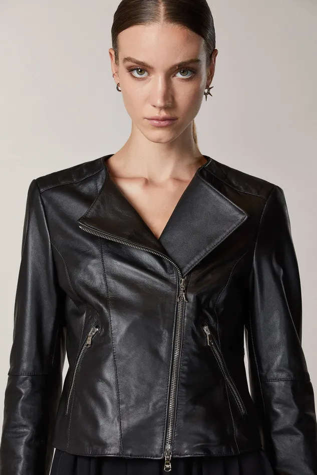 Patrizia Pepe Leather Biker Jacket With Topstitching Black Nero Apparel Leather Jackets