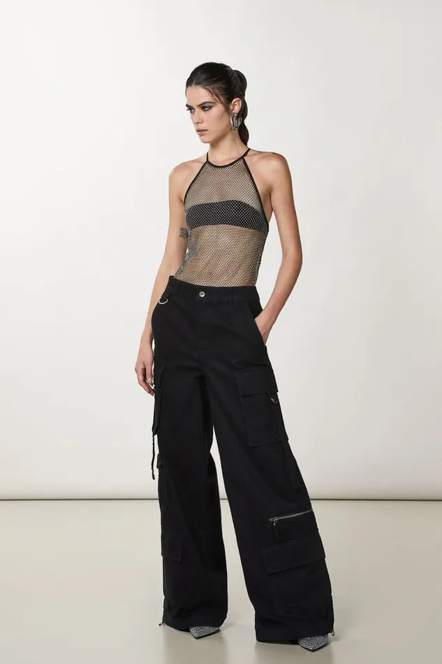 Patrizia Pepe Rhinestone Mesh Crewneck Top Black Nero Apparel Tops