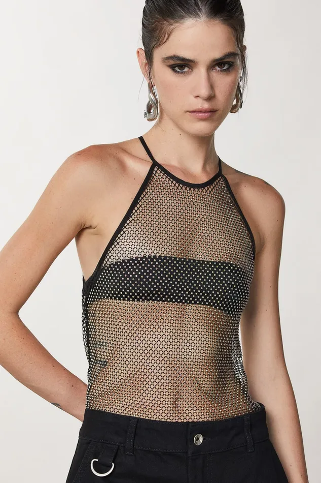 Patrizia Pepe Rhinestone Mesh Crewneck Top Black Nero Apparel Tops