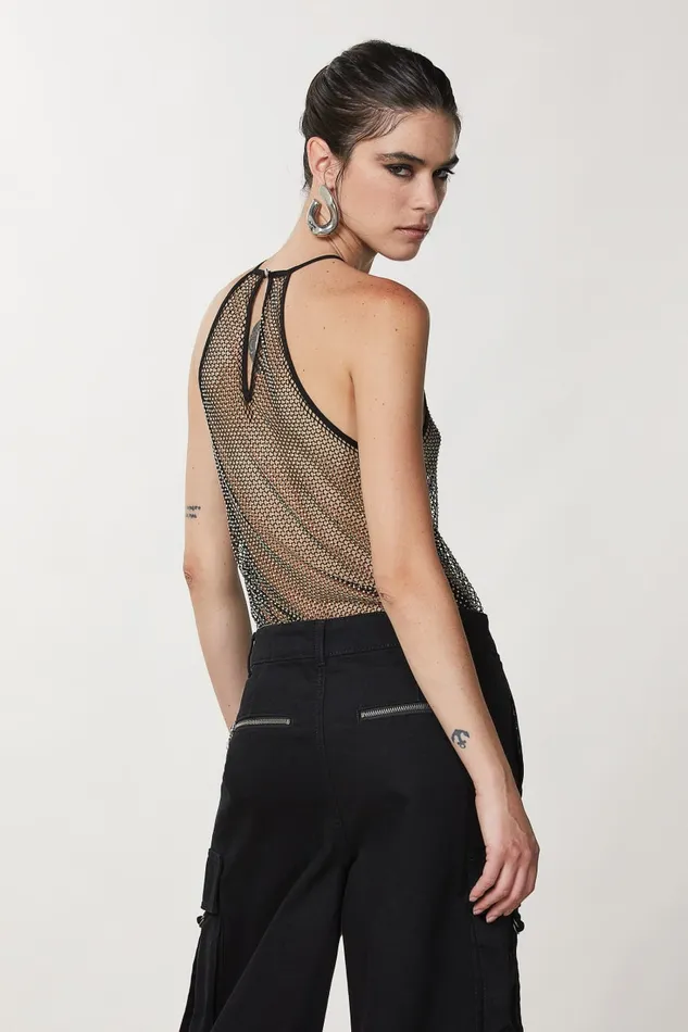 Patrizia Pepe Rhinestone Mesh Crewneck Top Black Nero Apparel Tops