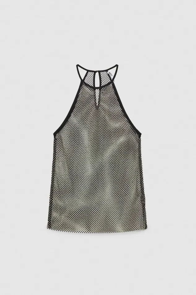 Patrizia Pepe Rhinestone Mesh Crewneck Top Black Nero Apparel Tops