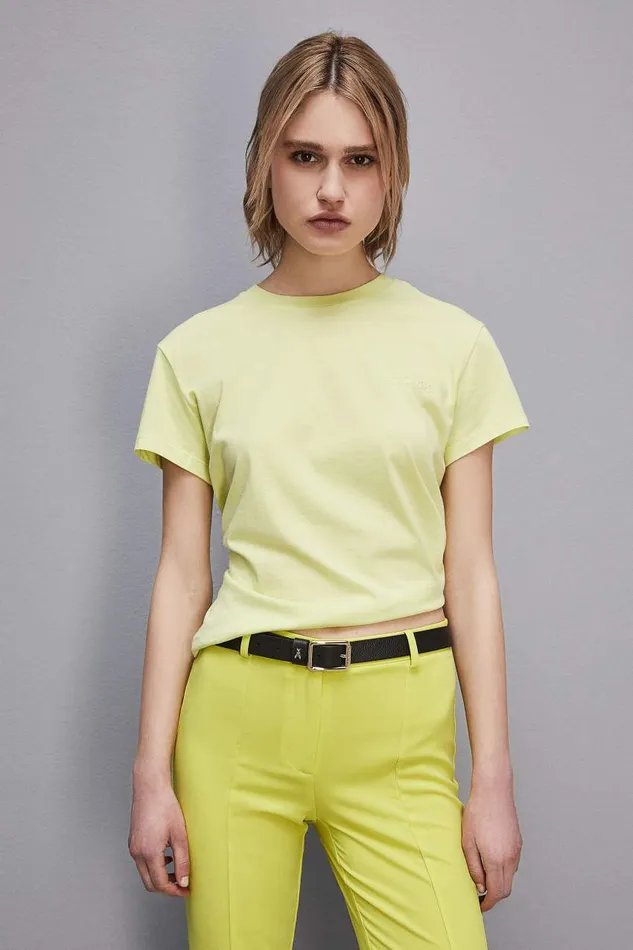 Patrizia Pepe Shortsleeved Tshirt With Logo In Organic Cotton Yellow Sunny Lime Apparel TShirts Patrizia Pepe Shortsleeved Tshirt With Logo In Organic Cotton Yellow Sunny Lime Apparel TShirts