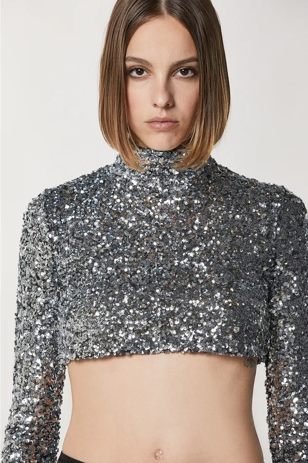 Patrizia Pepe Silver Crop Tshirt With Sequins Silver Sequins Apparel Tops
