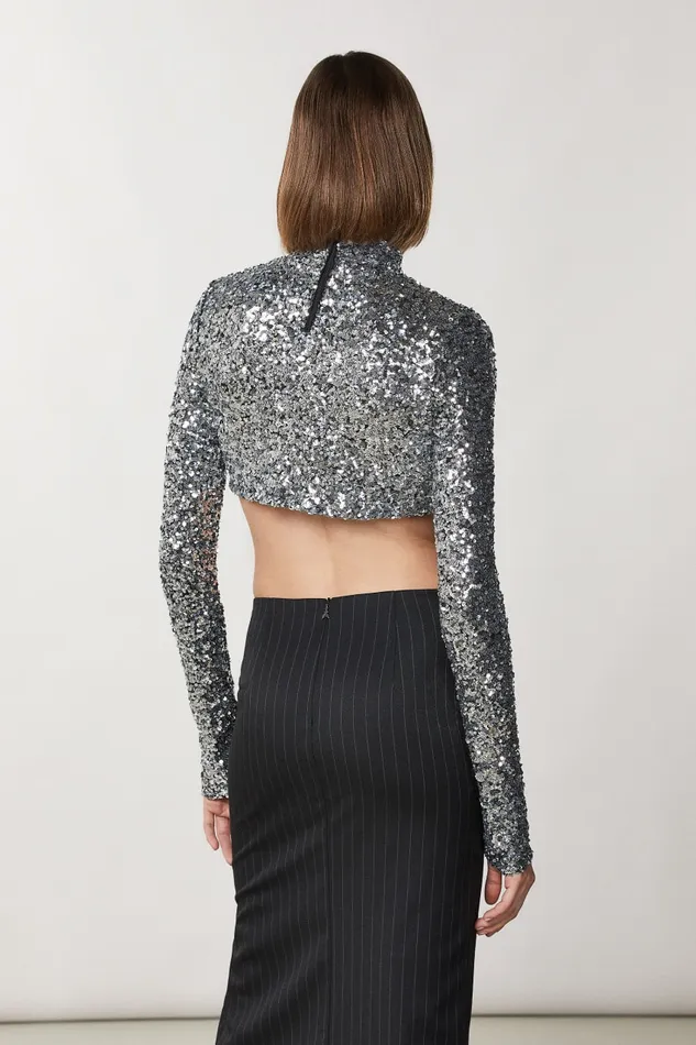 Patrizia Pepe Silver Crop Tshirt With Sequins Silver Sequins Apparel Tops