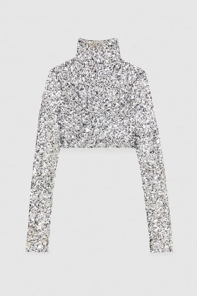 Patrizia Pepe Silver Crop Tshirt With Sequins Silver Sequins Apparel Tops