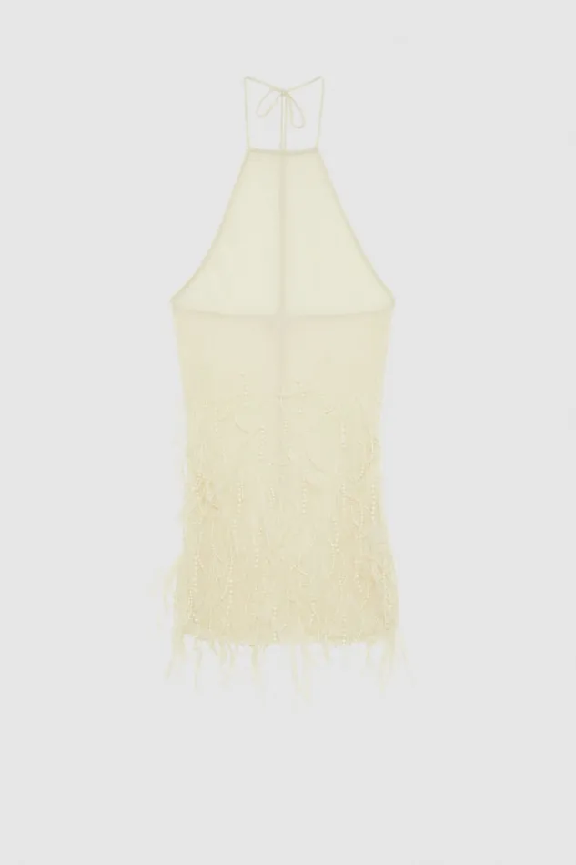 Patrizia Pepe Sleeveless Top With Feather And Pearl Embroidery White Raw White Apparel Tops