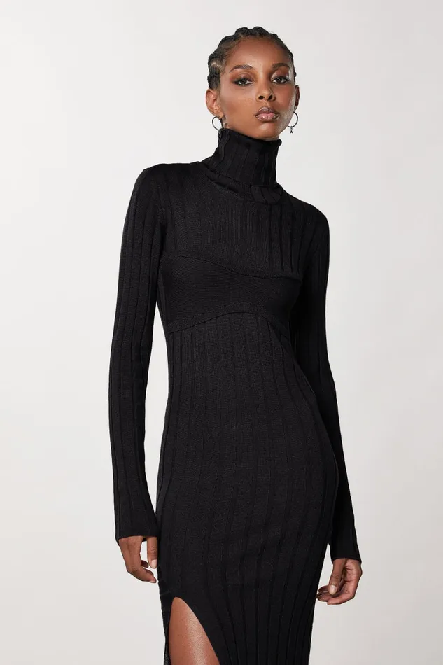 Patrizia Pepe Slim Fit Ribbed Dress Black Nero Apparel Midi