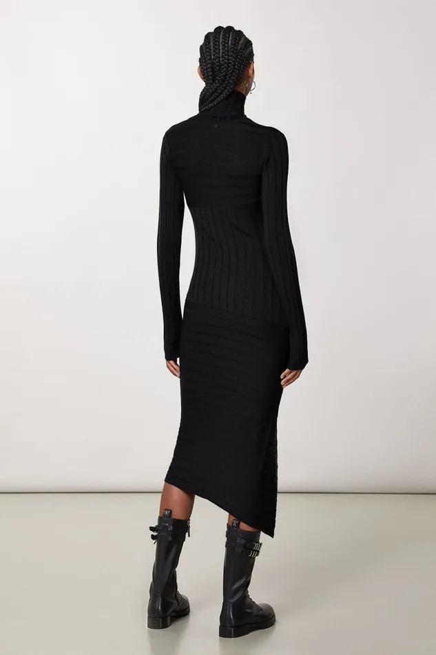 Patrizia Pepe Slim Fit Ribbed Dress Black Nero Apparel Midi