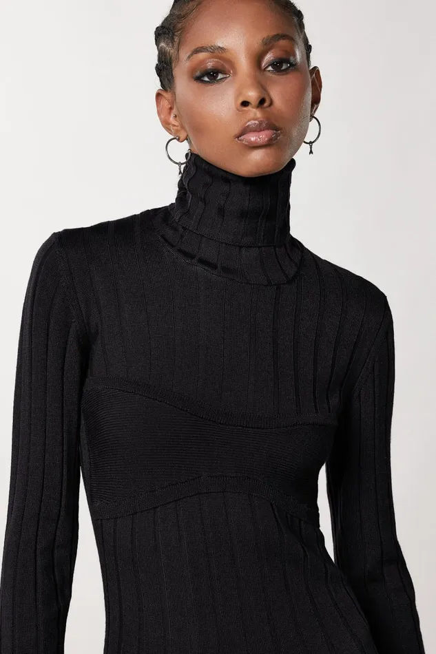 Patrizia Pepe Slim Fit Ribbed Dress Black Nero Apparel Midi