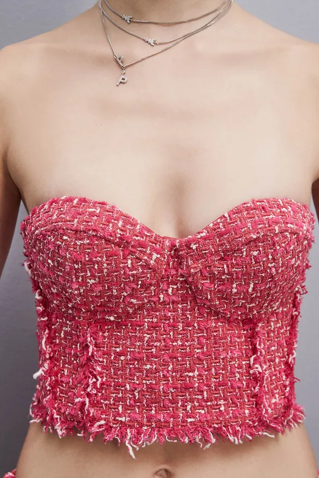 Patrizia Pepe Tweed Bustier Red Hybrid Rose Tweed Apparel Tops