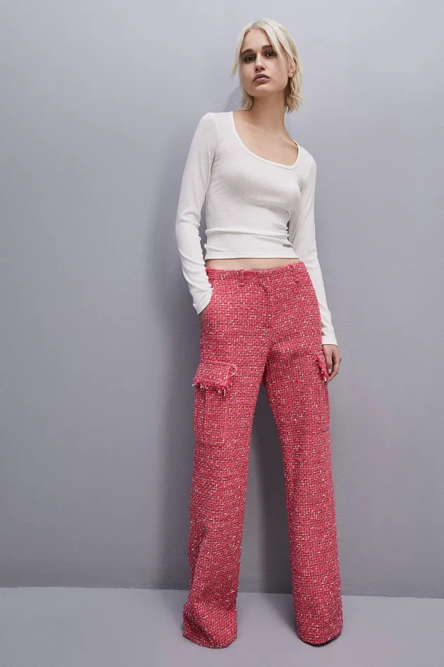 Patrizia Pepe Tweed Cargo Pants Red Hybrid Rose Tweed Apparel Straight Cut