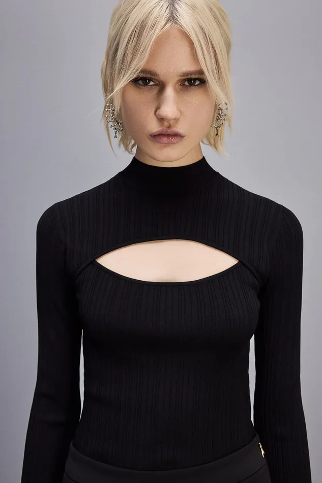 Patrizia Pepe Viscose Ribbed Knit Sweater Black Nero Apparel Sweaters