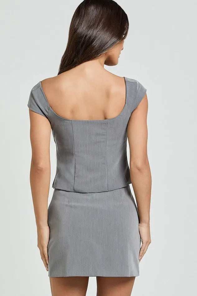 Pauline Top 8211 Square Neck Cap Sleeve Tailored Top In Grey Women Showpo Tops