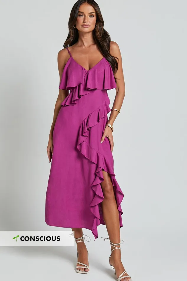 Pearline Midi Dress 8211 Linen Look Frill Detail Thigh Split Slip Dress In Grape Women Showpo Dresses Pearline Midi Dress 8211 Linen Look Frill Detail Thigh Split Slip Dress In Grape Women Showpo Dresses