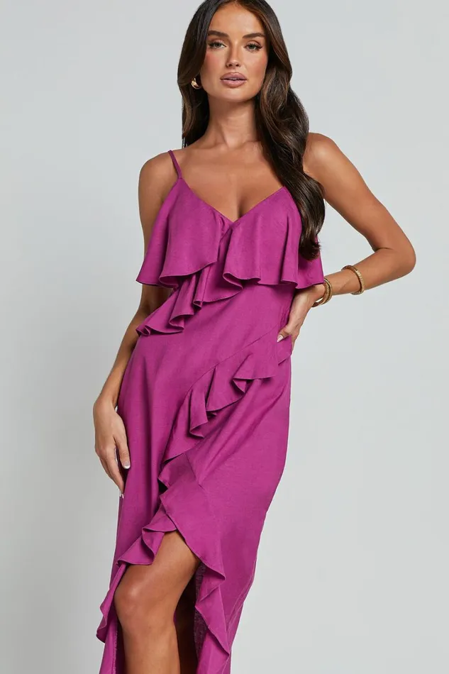 Pearline Midi Dress 8211 Linen Look Frill Detail Thigh Split Slip Dress In Grape Women Showpo Dresses