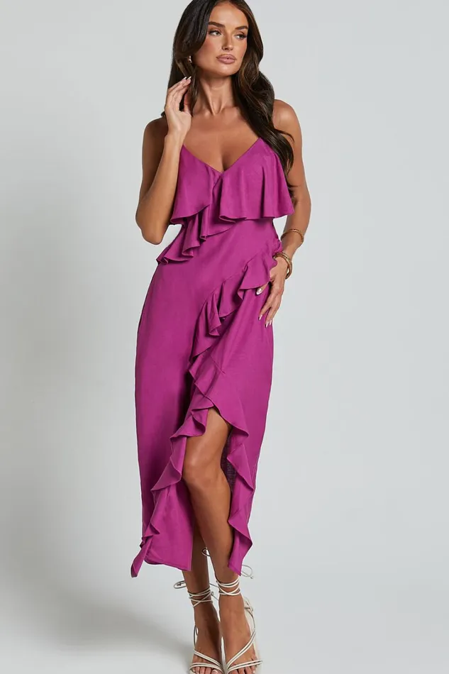 Pearline Midi Dress 8211 Linen Look Frill Detail Thigh Split Slip Dress In Grape Women Showpo Dresses
