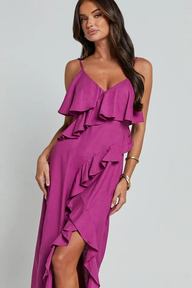 Pearline Midi Dress 8211 Linen Look Frill Detail Thigh Split Slip Dress In Grape Women Showpo Dresses