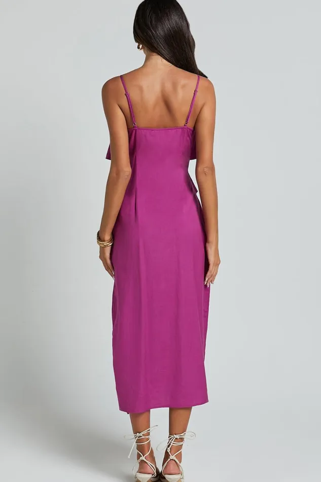 Pearline Midi Dress 8211 Linen Look Frill Detail Thigh Split Slip Dress In Grape Women Showpo Dresses