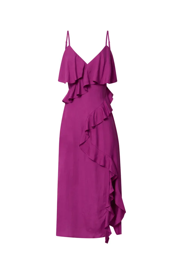 Pearline Midi Dress 8211 Linen Look Frill Detail Thigh Split Slip Dress In Grape Women Showpo Dresses