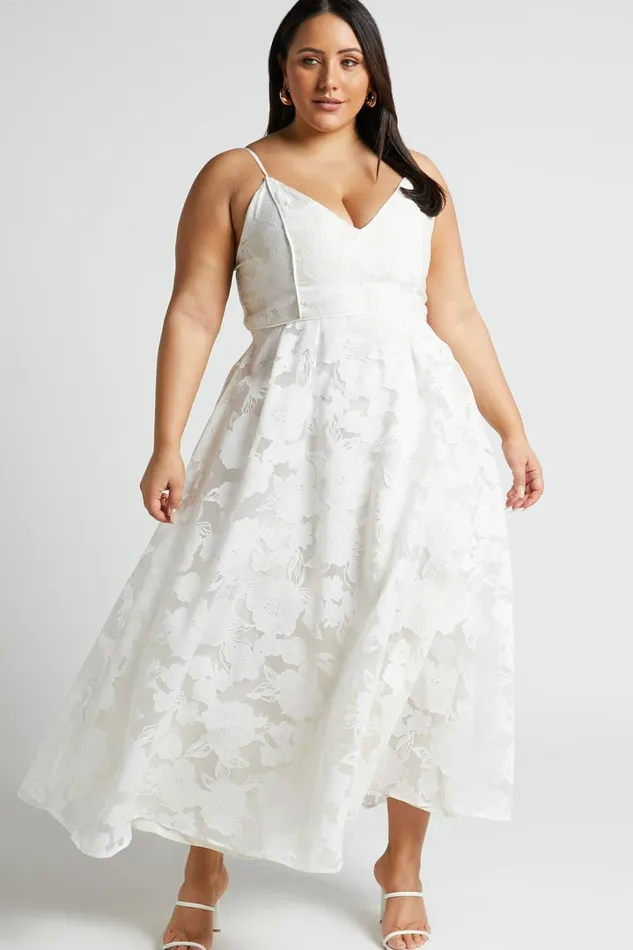 Philine Midi Dress 8211 Jacquard Plunge Fit And Flare Dress In White Women Showpo Curve Clothes