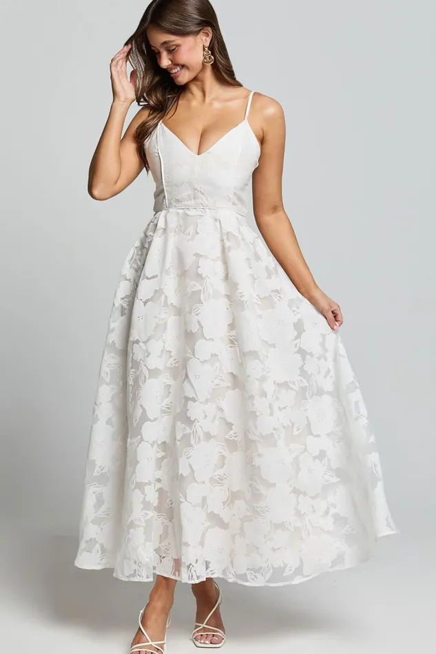 Philine Midi Dress 8211 Jacquard Plunge Fit And Flare Dress In White Women Showpo Curve Clothes