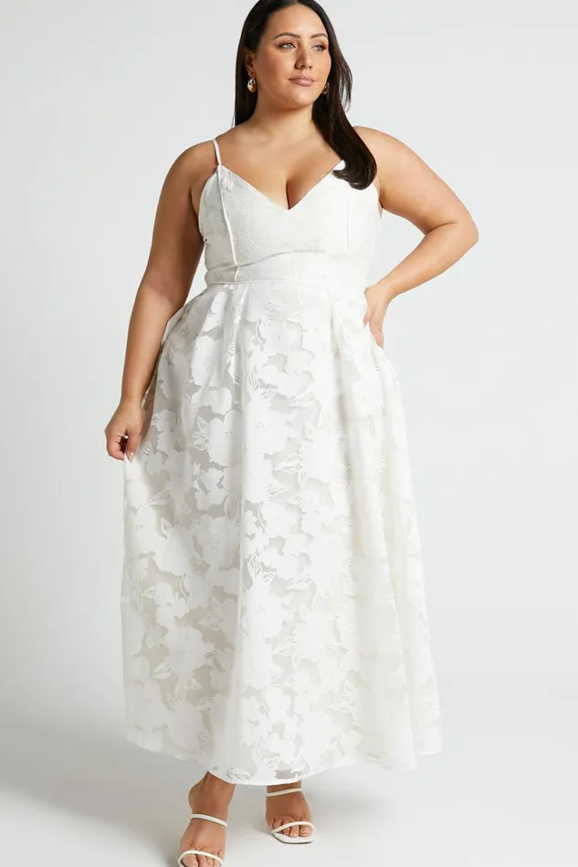 Philine Midi Dress 8211 Jacquard Plunge Fit And Flare Dress In White Women Showpo Curve Clothes
